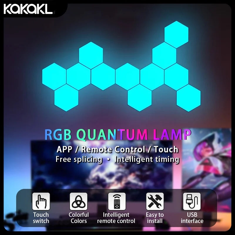 Hexagon RGB LED wall light panels glowing on a gaming room wall — DESKR Australia