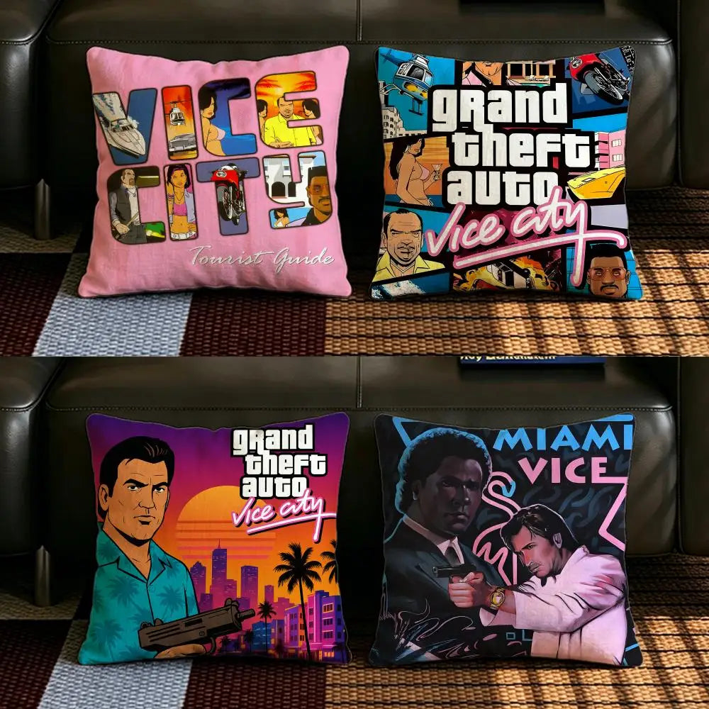 Neon City linen cushion cover with retro sunset artwork on a couch