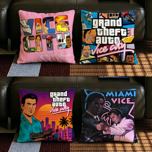Neon City linen cushion cover with retro sunset artwork on a couch
