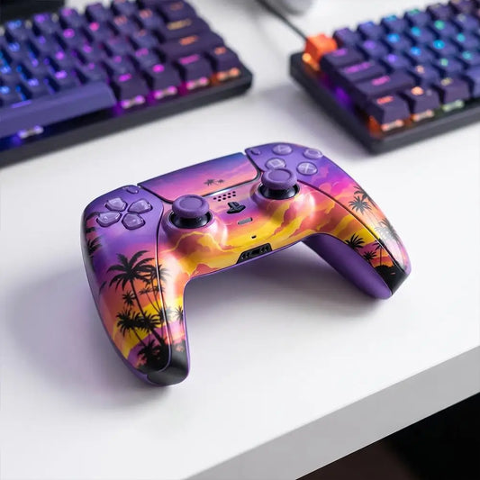 Neon City PS5 DualSense controller shell with purple sunset and palm tree artwork on a white desk