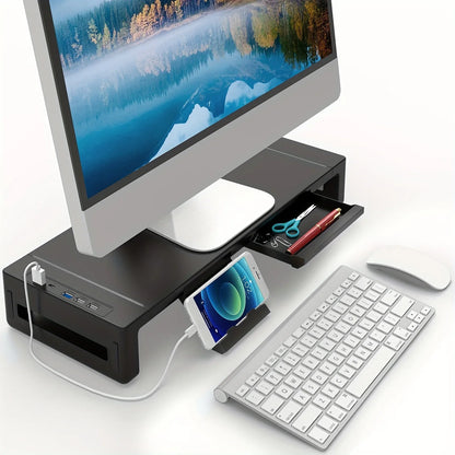 Monitor riser stand with storage drawer holding a monitor at eye level — DESKR Australia