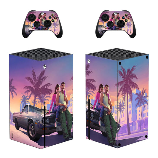 Neon City vinyl skin wrap on an Xbox Series X console with two matching controllers