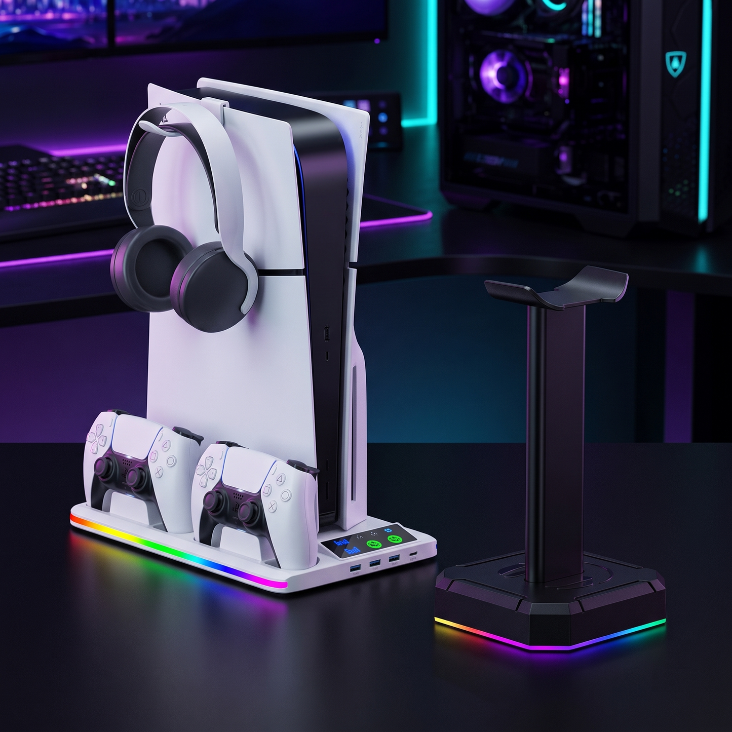 Console Corner Bundle: DESKR PS5 cooling charging stand and RGB headset holder