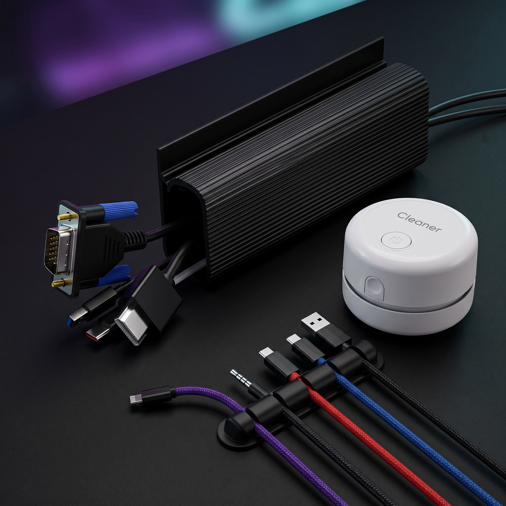 Cable Management Kit: DESKR cable organiser box, cable clips and mini desk vacuum