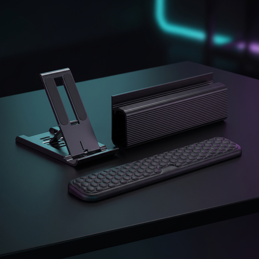 Desk Essentials Bundle: DESKR foldable phone holder, cable organiser and wrist rest
