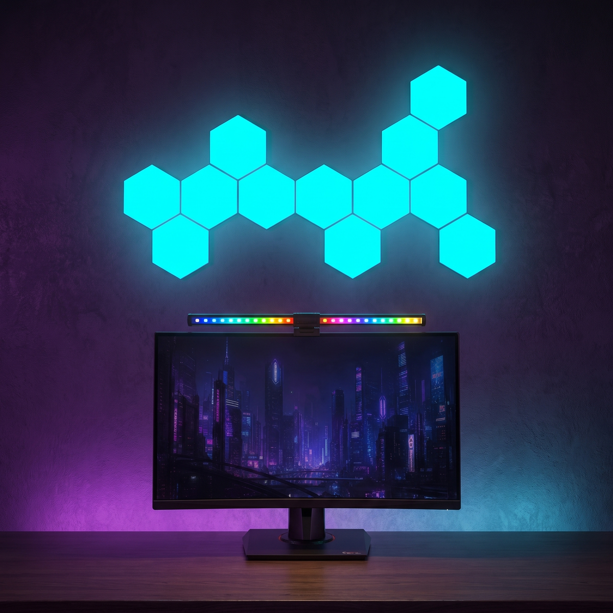 RGB Glow-Up Bundle: DESKR hexagon wall panels and monitor light bar