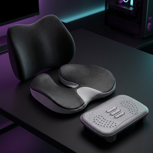 Ergonomic Comfort Bundle: DESKR lumbar cushion, seat cushion and footrest