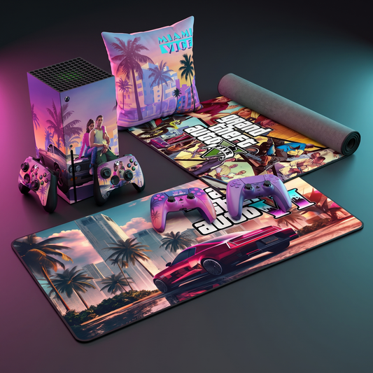 Neon City Ultimate Setup Bundle - desk mat, gaming rug, two PS5 controller shells, wrapped Xbox Series X and a cushion cover